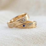 Gold Plated Evil Eye Sunburst Ring, Sterling Silver Blue Sapphire Celestial Band
