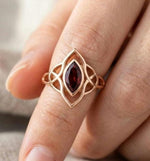 Marquise Garnet Celtic Knot Ring, Rose Gold Gothic Engagement Ring, Vintage Elven Jewelry