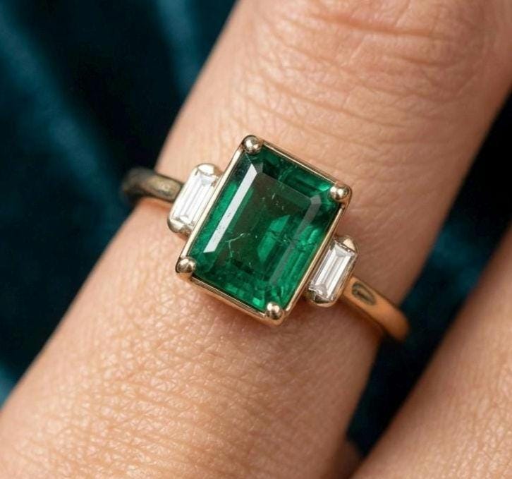 Emerald Cut Three Stone Ring, Yellow Gold Baguette Accents, Minimalist Statement Jewelry
