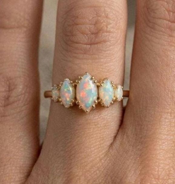 Marquise Opal Ring, Gold Plated, Vintage Inspired, Dainty Band, October Birthstone