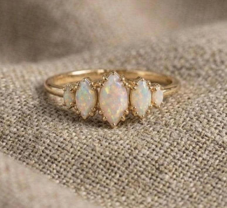 Marquise Opal Ring, Gold Plated, Vintage Inspired, Dainty Band, October Birthstone
