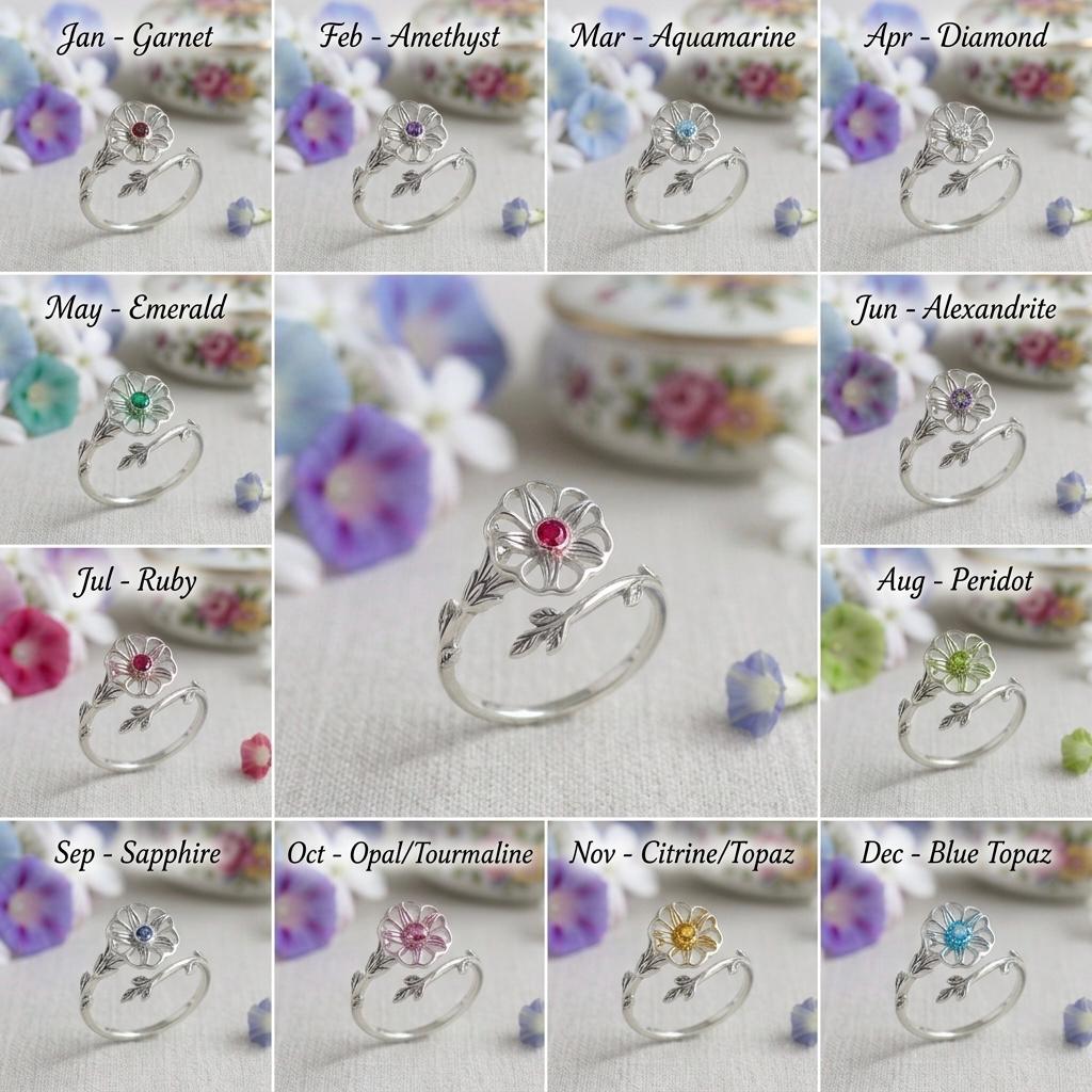 Custom Birthstone Flower Ring, 925 Sterling Silver Branch, Adjustable Minimalist Jewelry