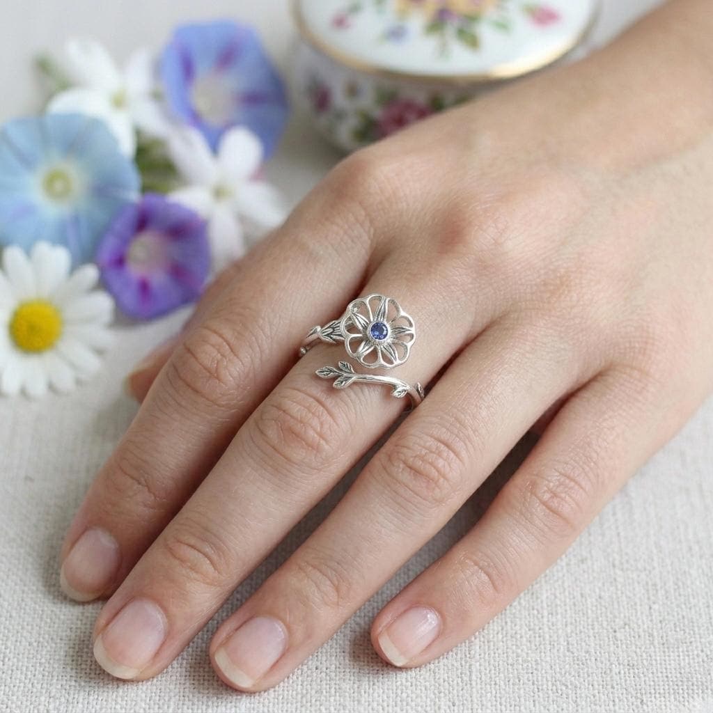 Custom Birthstone Flower Ring, 925 Sterling Silver Branch, Adjustable Minimalist Jewelry