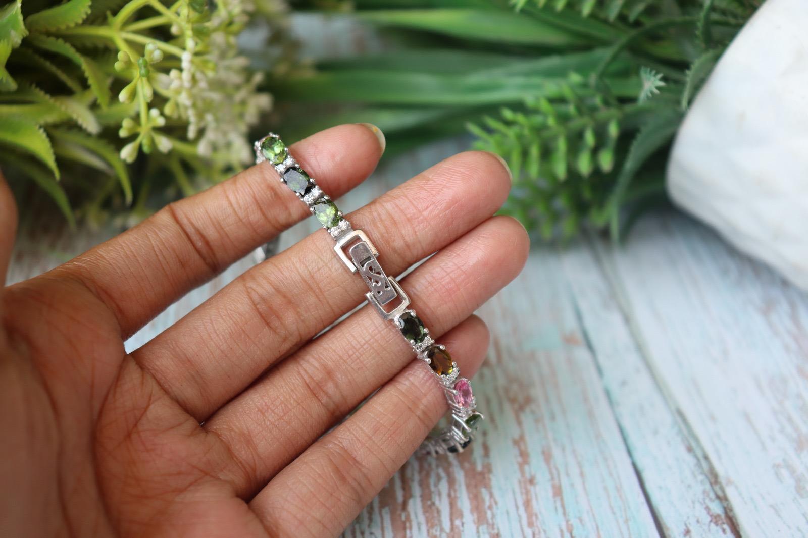 Multi Tourmaline Sterling Silver Tennis Bracelet, Dainty Stackable Gemstone Jewelry