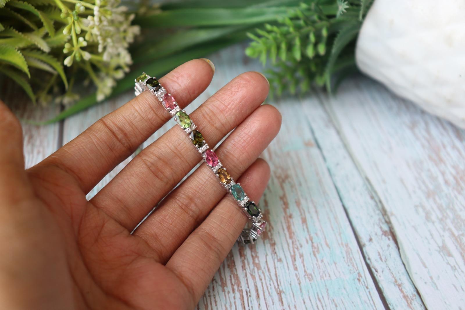 Multi Tourmaline Sterling Silver Tennis Bracelet, Dainty Stackable Gemstone Jewelry