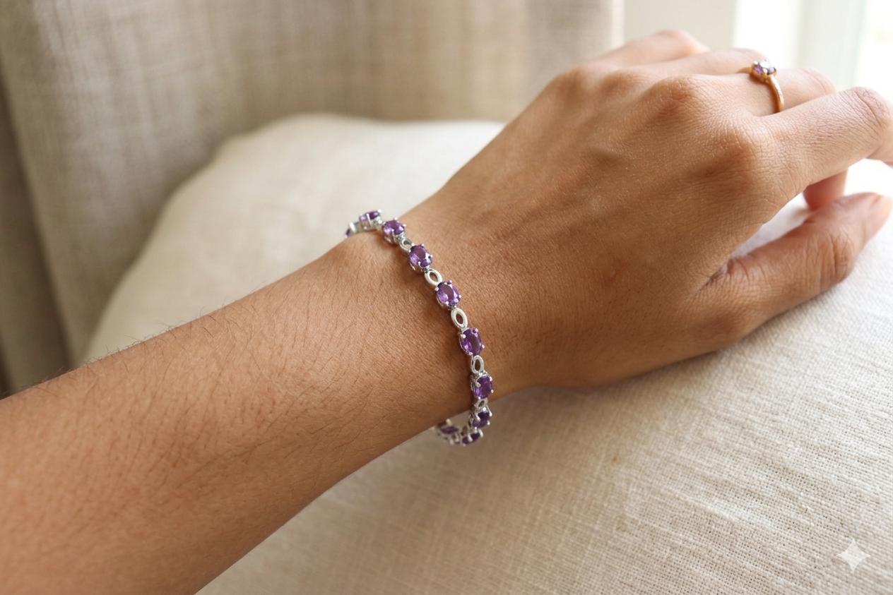 Amethyst Tennis Bracelet, 925 Sterling Silver, Dainty Gemstone Jewelry, February Birthstone