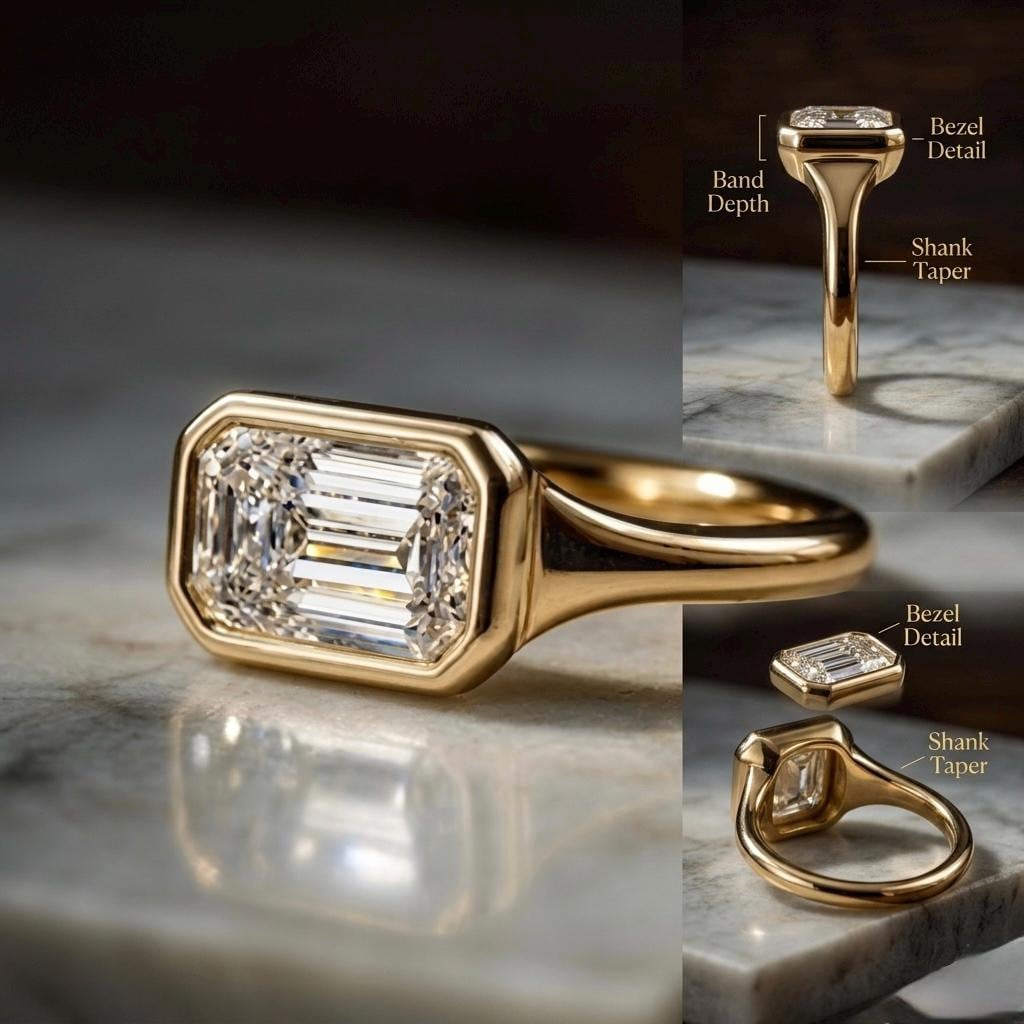 Emerald Cut Moissanite Solitaire Ring, Bezel Set East West Band, 3 Ct Diamond Accent
