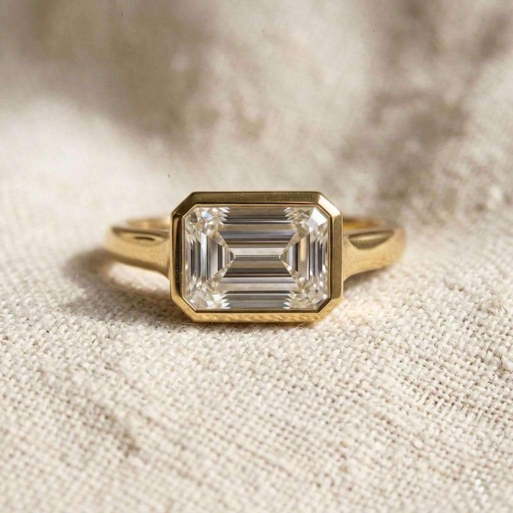 Emerald Cut Moissanite Solitaire Ring, Bezel Set East West Band, 3 Ct Diamond Accent