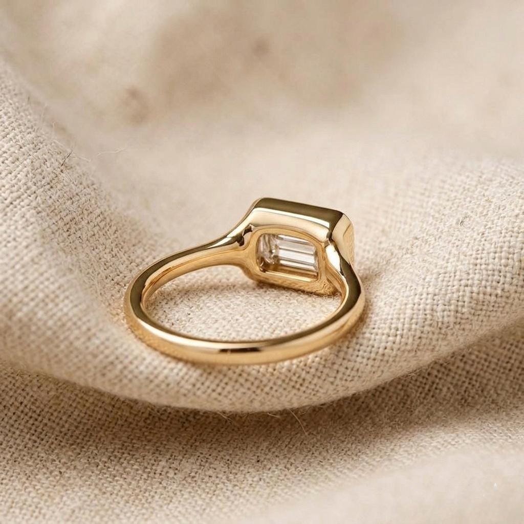 Emerald Cut Moissanite Solitaire Ring, Bezel Set East West Band, 3 Ct Diamond Accent
