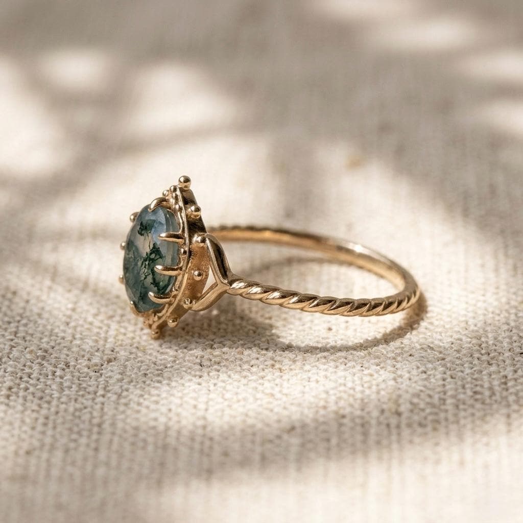 Natural Moss Agate Oval Ring, Vintage Gold Boho Engagement, Nature Inspired Jewelry