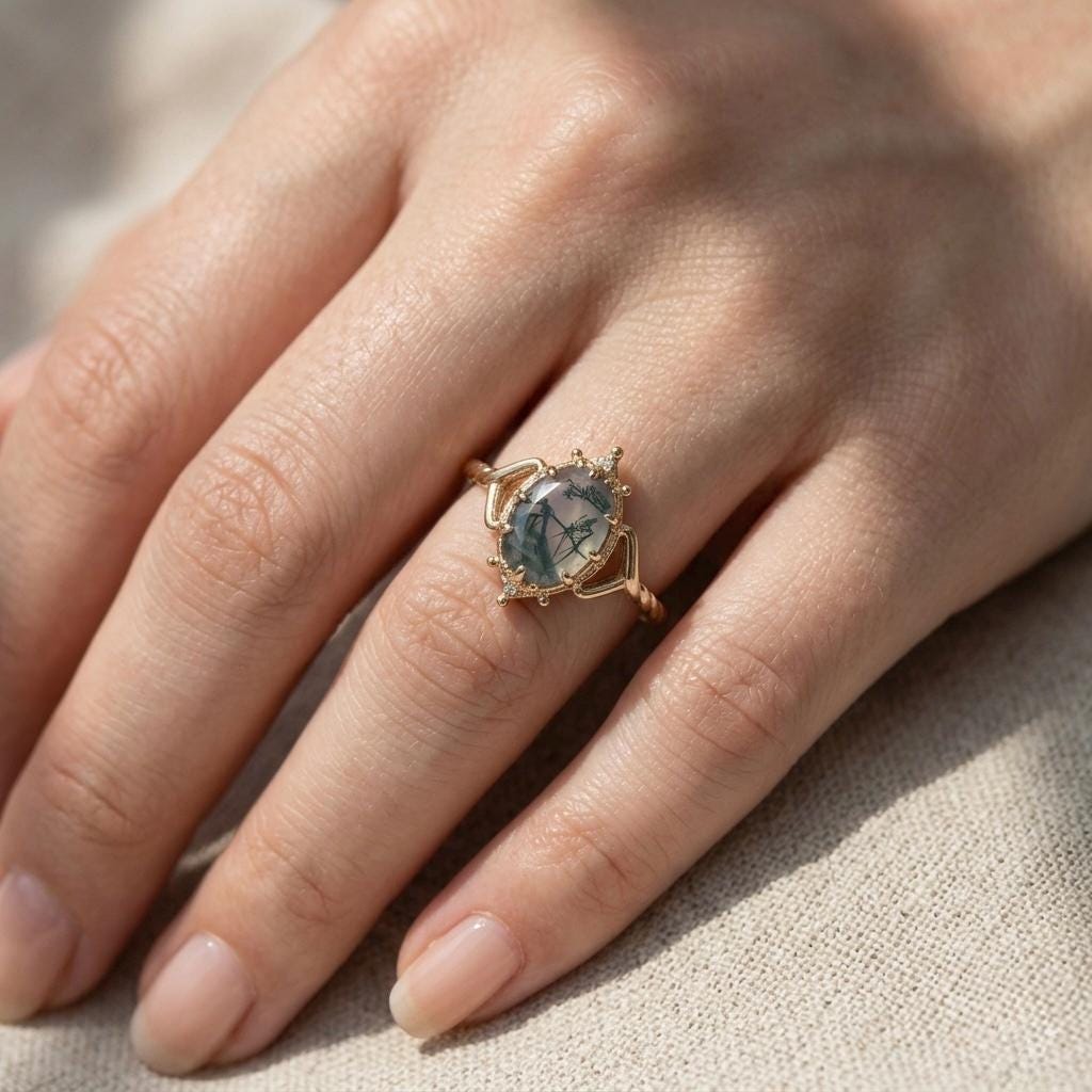 Natural Moss Agate Oval Ring, Vintage Gold Boho Engagement, Nature Inspired Jewelry