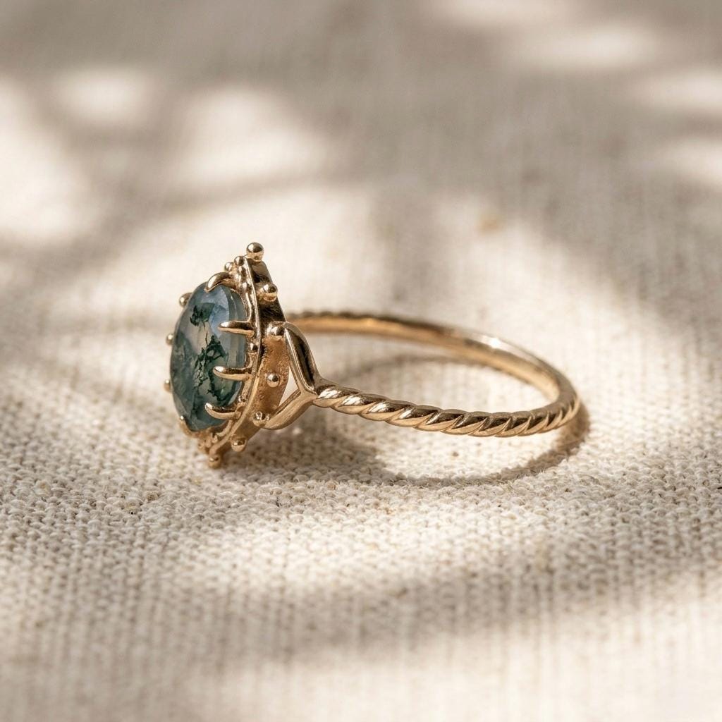 Natural Moss Agate Oval Ring, Vintage Gold Boho Engagement, Nature Inspired Jewelry