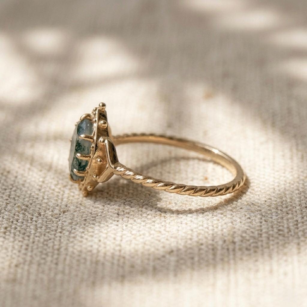 Natural Moss Agate Oval Ring, Vintage Gold Boho Engagement, Nature Inspired Jewelry