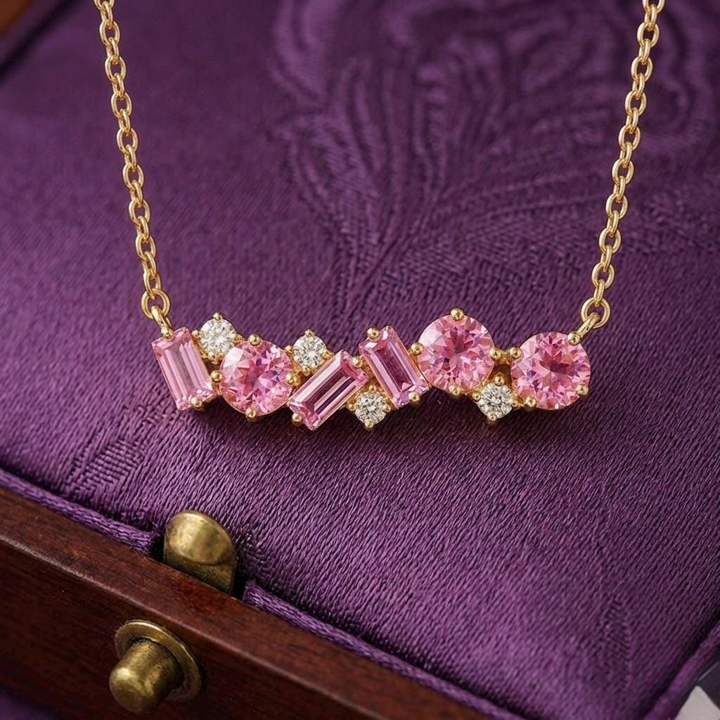 Pink Sapphire Bar Necklace, Mixed Cut Stones, Gold Chain, Minimalist Wedding Jewelry