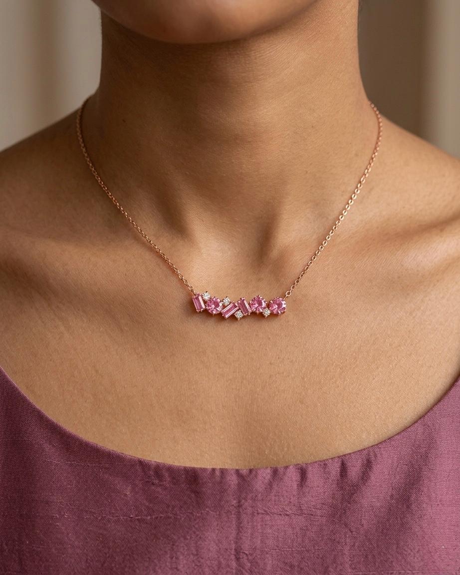 Pink Sapphire Bar Necklace, Mixed Cut Stones, Gold Chain, Minimalist Wedding Jewelry