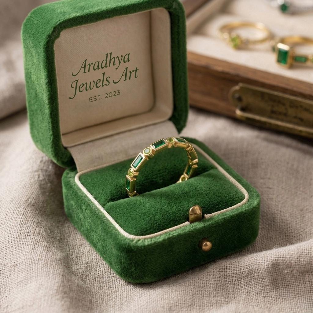 Emerald Peridot Baguette Eternity Band Ring, Gold Stackable Anniversary Jewelry