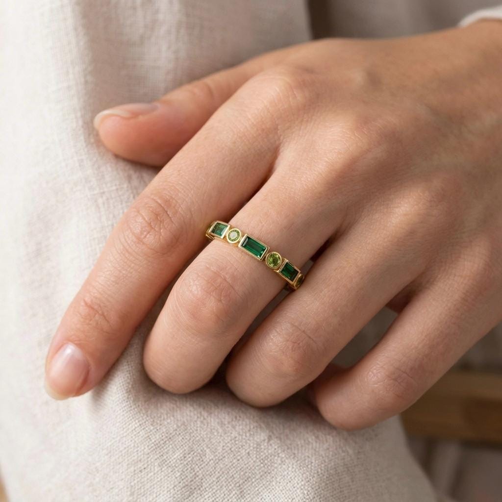 Emerald Peridot Baguette Eternity Band Ring, Gold Stackable Anniversary Jewelry