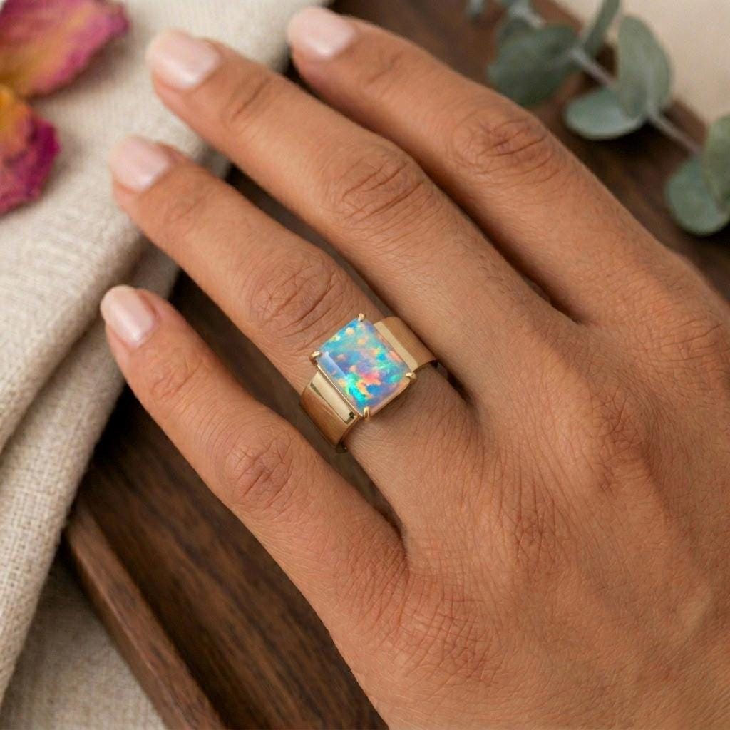 Natural Blue Topaz, Labradorite and Moonstone Ring, 925 Sterling Silver, Men's Signet Ring, Gold, Silver Rose Gold Ring, Baguette Cut Stone