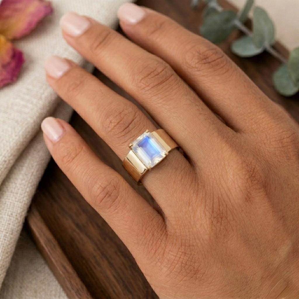 Natural Blue Topaz, Labradorite and Moonstone Ring, 925 Sterling Silver, Men's Signet Ring, Gold, Silver Rose Gold Ring, Baguette Cut Stone