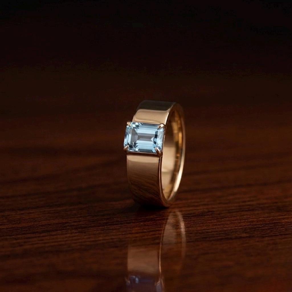 Emerald Cut Aquamarine Ring, 925 Sterling Silver, Thick Cigar Band Ring, Gold Plated Ring, Blue Topaz Ring, Statement Cocktail Ring,