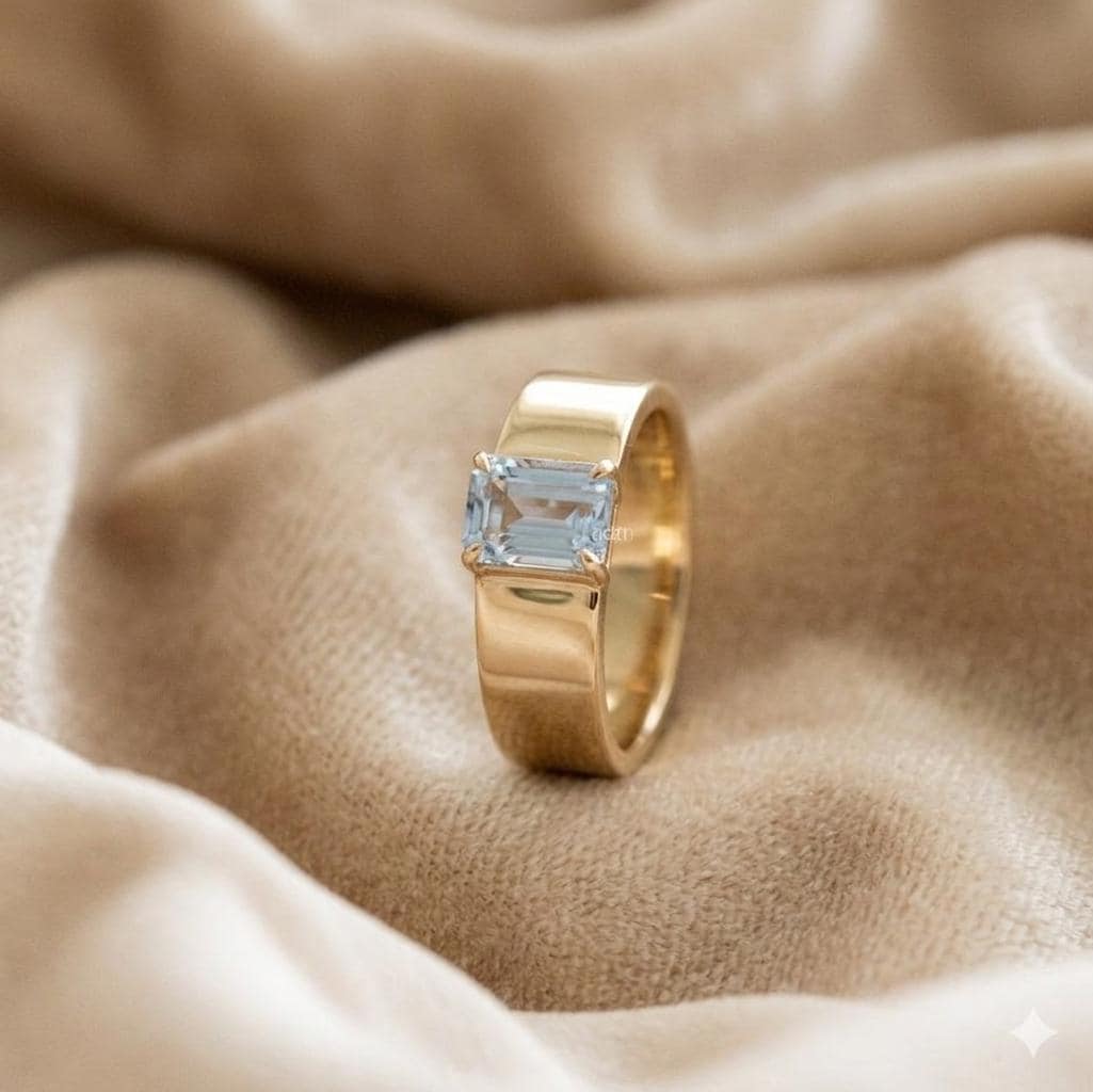 Emerald Cut Aquamarine Ring, 925 Sterling Silver, Thick Cigar Band Ring, Gold Plated Ring, Blue Topaz Ring, Statement Cocktail Ring,