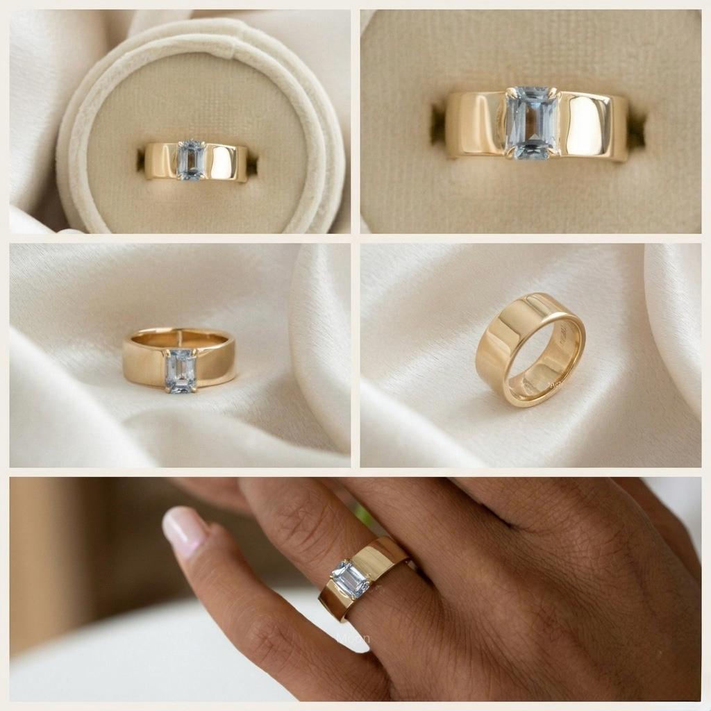 Emerald Cut Aquamarine Ring, 925 Sterling Silver, Thick Cigar Band Ring, Gold Plated Ring, Blue Topaz Ring, Statement Cocktail Ring,