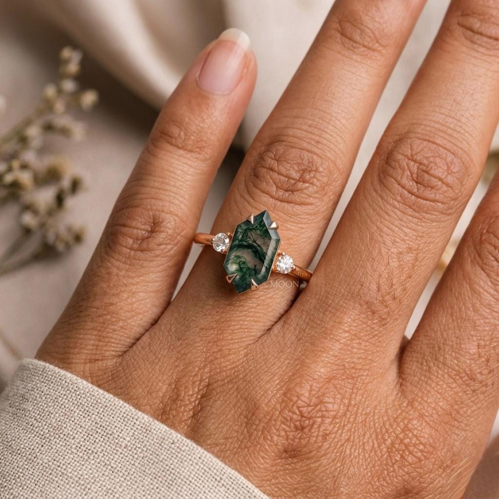 Green Moss Agate Hexagon Ring, Vintage Gold, Nature Inspired Boho Jewelry