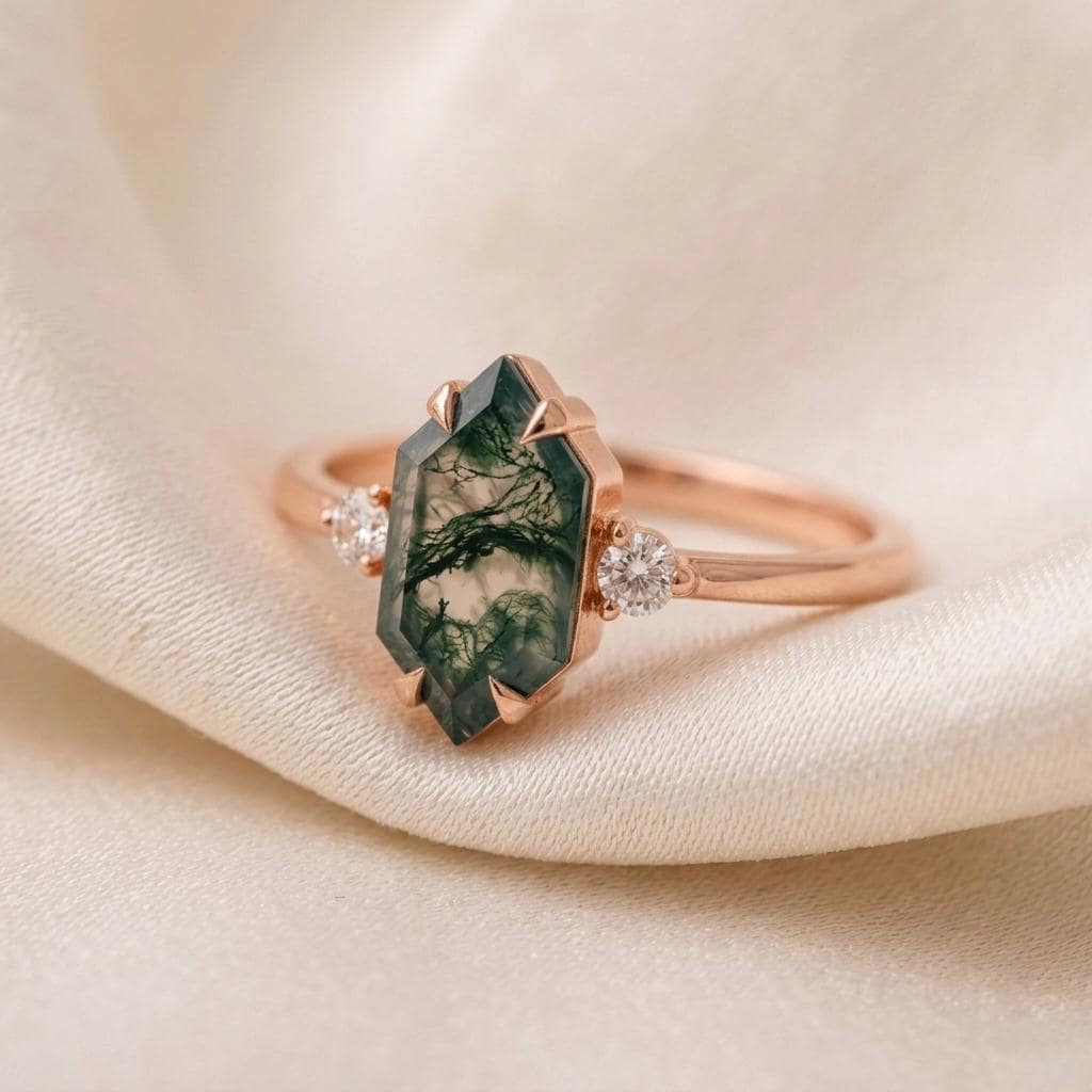 Green Moss Agate Hexagon Ring, Vintage Gold, Nature Inspired Boho Jewelry