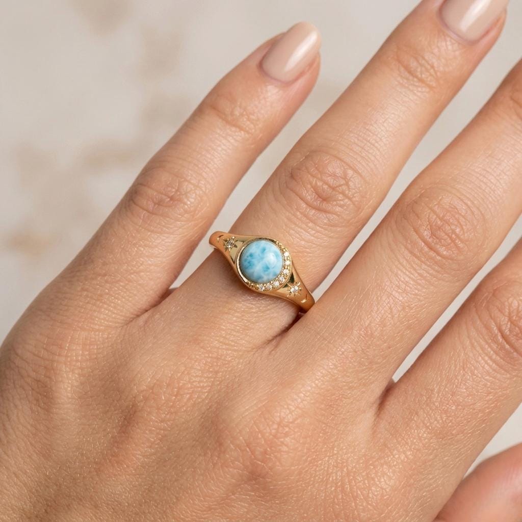 Natural Larimar Celestial Moon Star Ring, 925 Sterling Silver Starburst Signet (CZ Diamond)