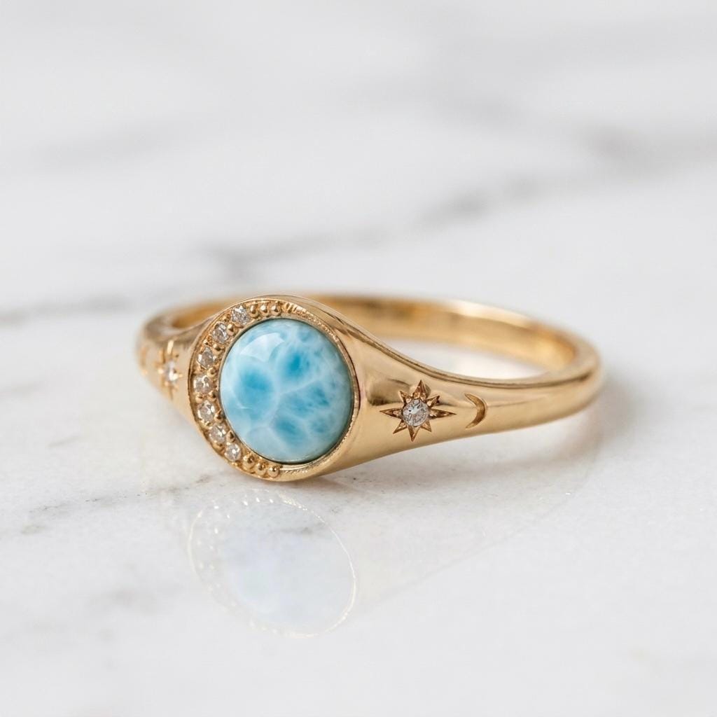 Natural Larimar Celestial Moon Star Ring, 925 Sterling Silver Starburst Signet (CZ Diamond)