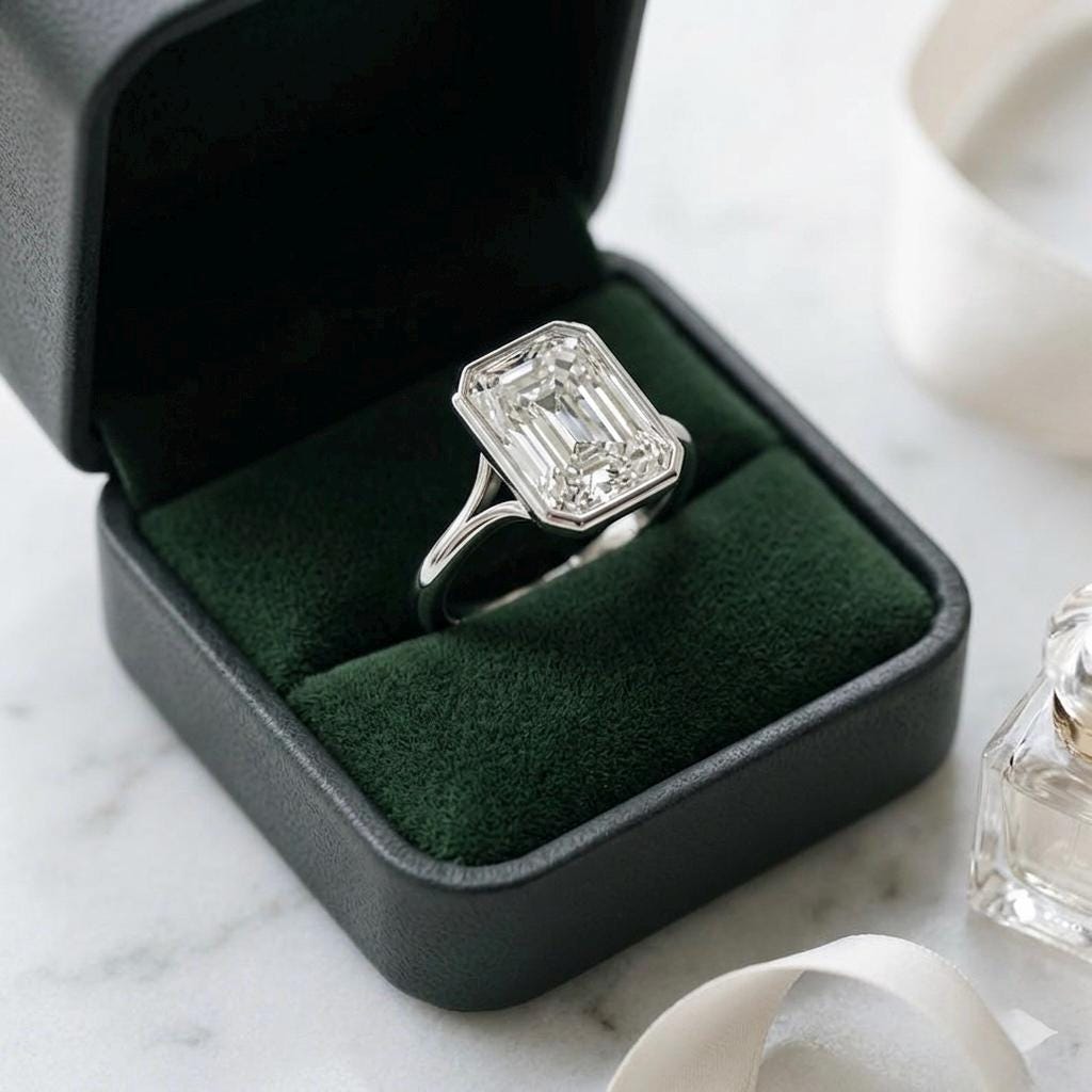 Radiant Cut Emerald Bezel Ring, 925 Sterling Silver Solitaire Engagement Ring