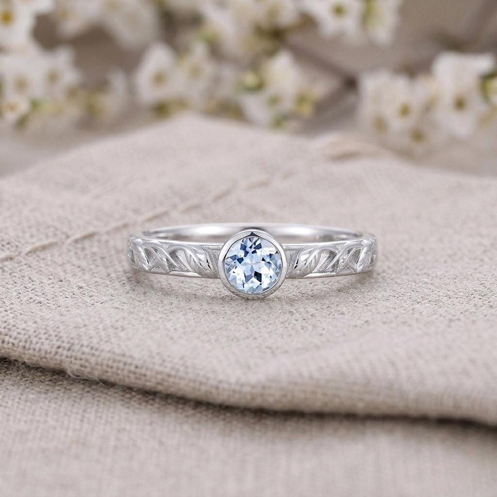 Vintage Leaf Engraved Blue Topaz Ring, 925 Sterling Silver Botanical Band