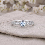 Vintage Leaf Engraved Blue Topaz Ring, 925 Sterling Silver Botanical Band