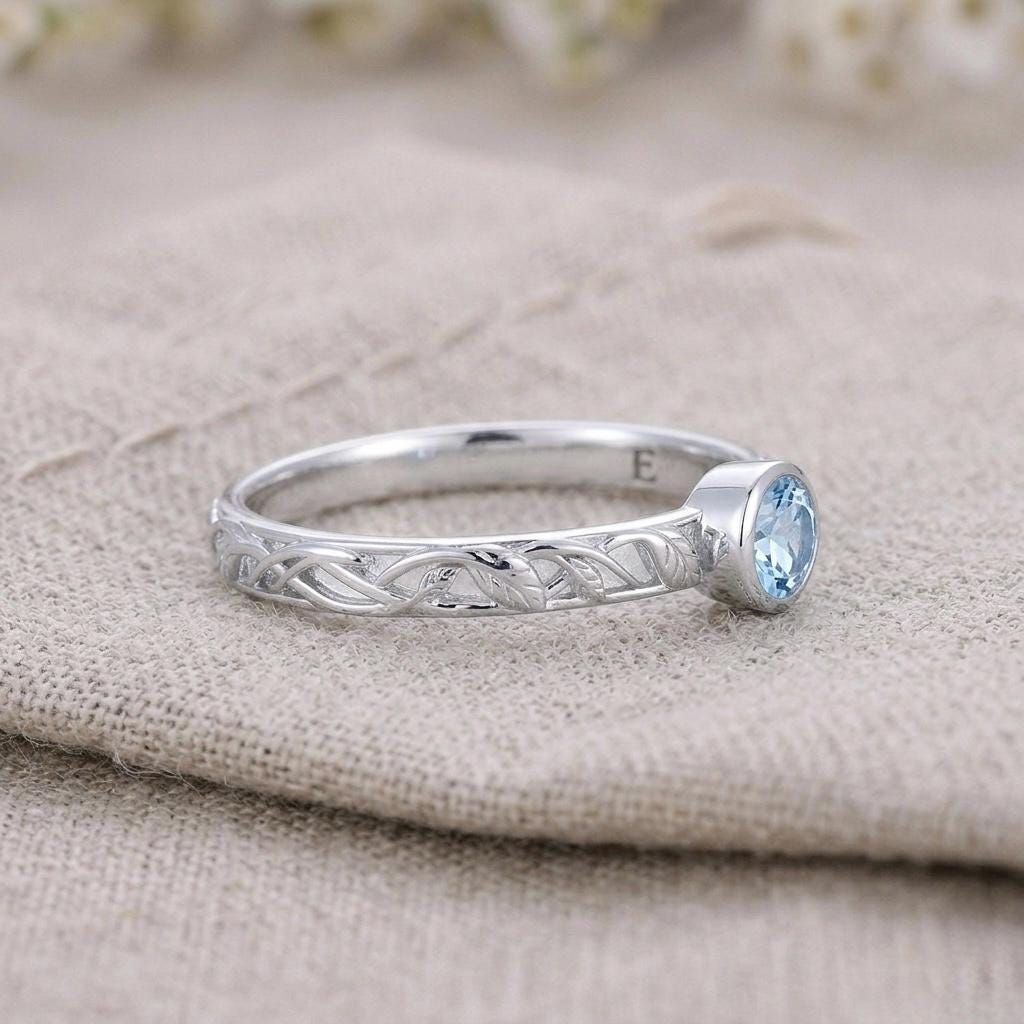 Vintage Leaf Engraved Blue Topaz Ring, 925 Sterling Silver Botanical Band
