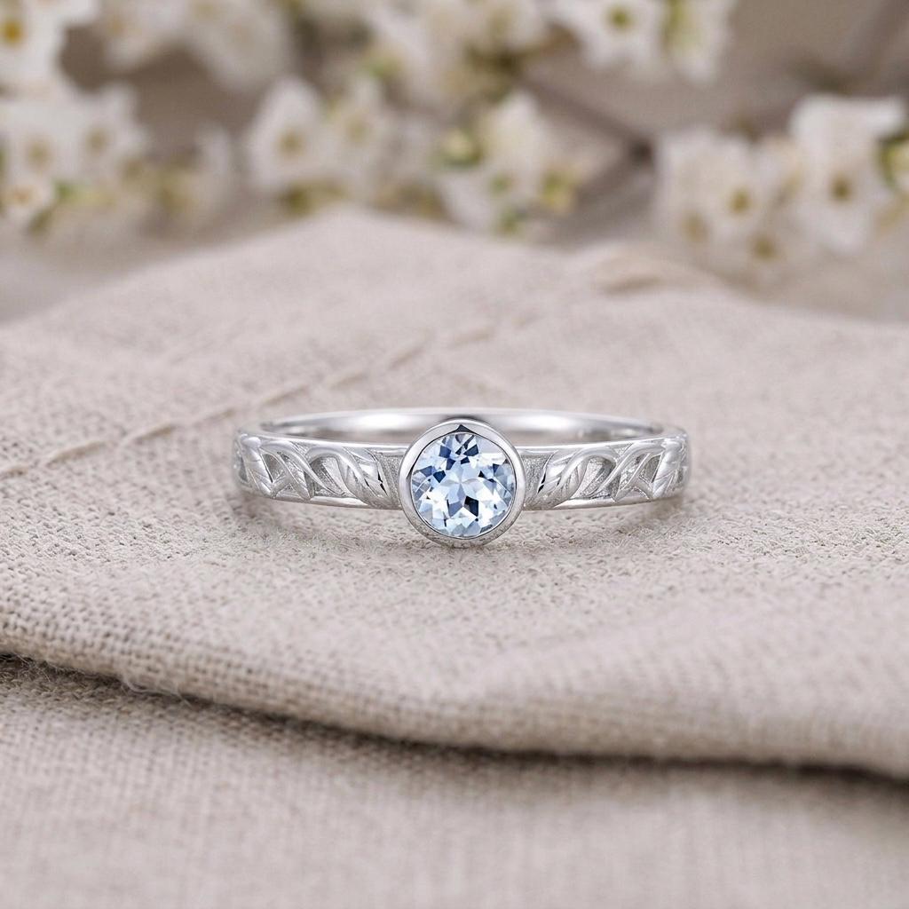 Vintage Leaf Engraved Blue Topaz Ring, 925 Sterling Silver Botanical Band