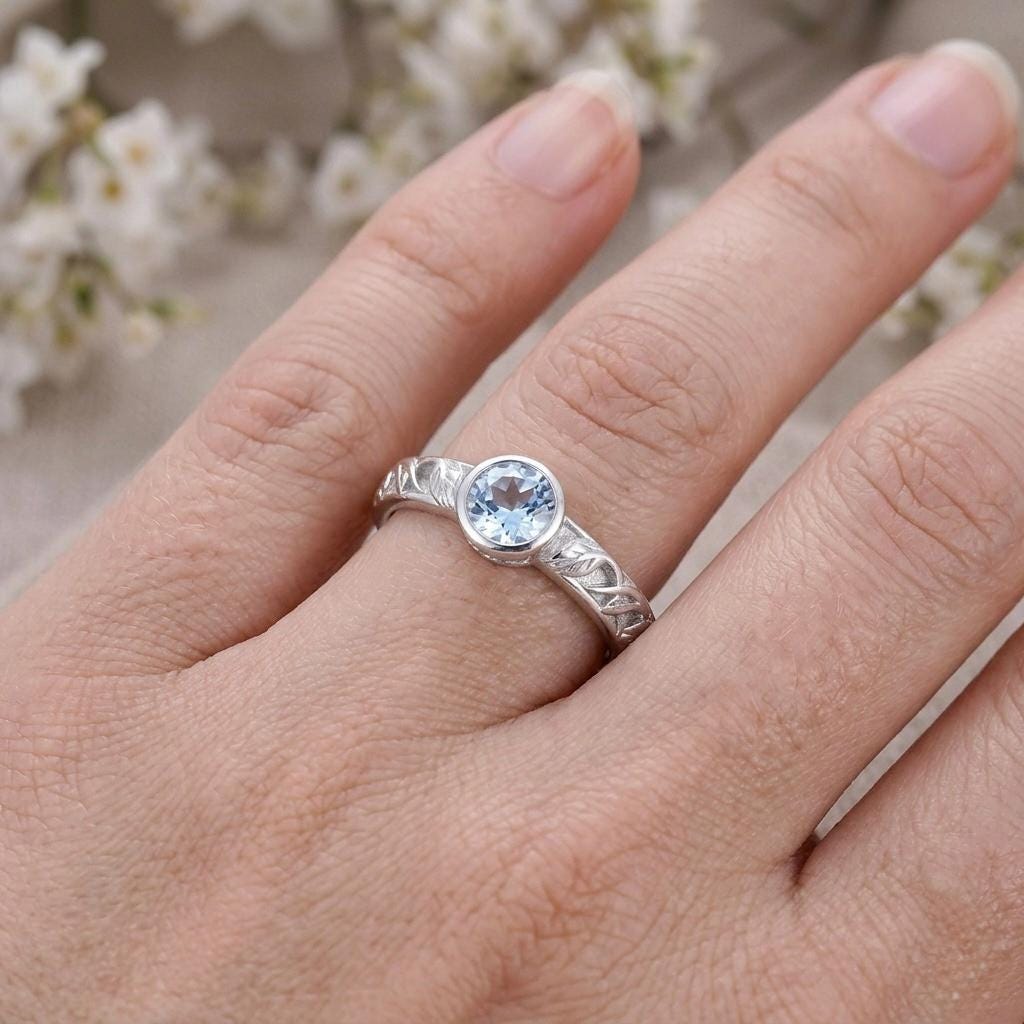 Vintage Leaf Engraved Blue Topaz Ring, 925 Sterling Silver Botanical Band