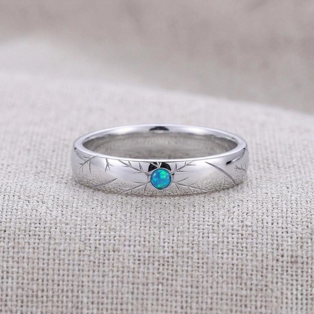 Engraved Starburst Gemstone Ring, 925 Silver, Boho Wedding Band