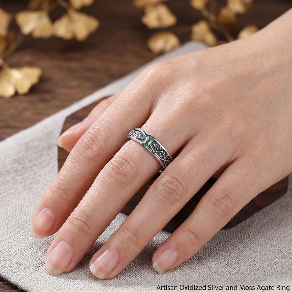 Green Moss Agate Ring, Sterling Silver Leaf Engraved Band, Baguette Cut Botanical Ring