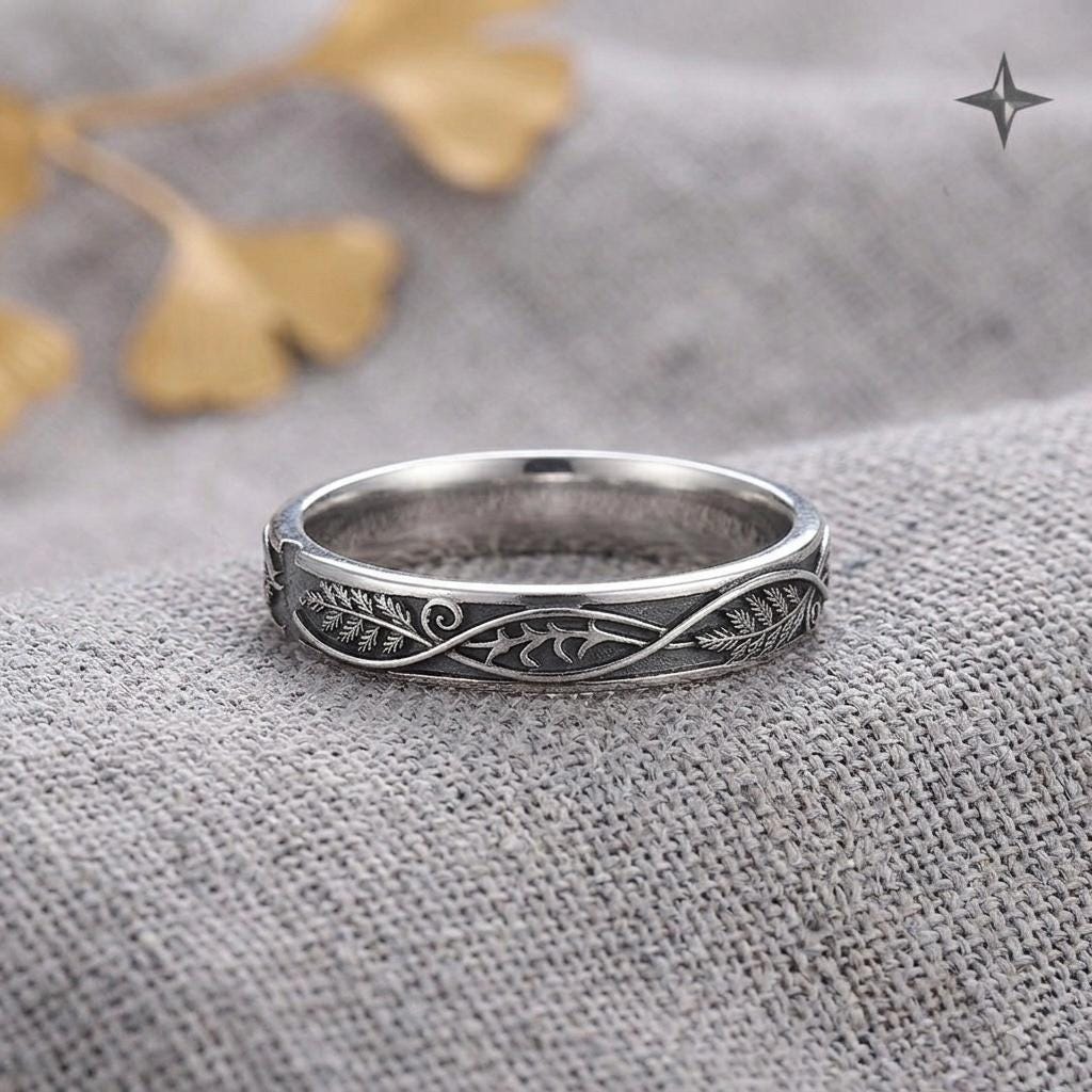 Green Moss Agate Ring, Sterling Silver Leaf Engraved Band, Baguette Cut Botanical Ring