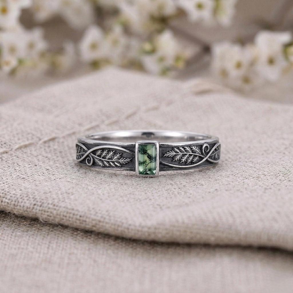 Green Moss Agate Ring, Sterling Silver Leaf Engraved Band, Baguette Cut Botanical Ring