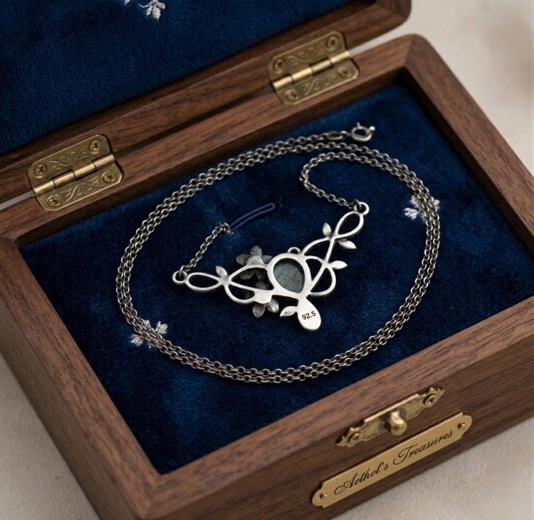Oxidized Sterling Silver Floral Labradorite Necklace, Vintage Filigree Nature Jewelry