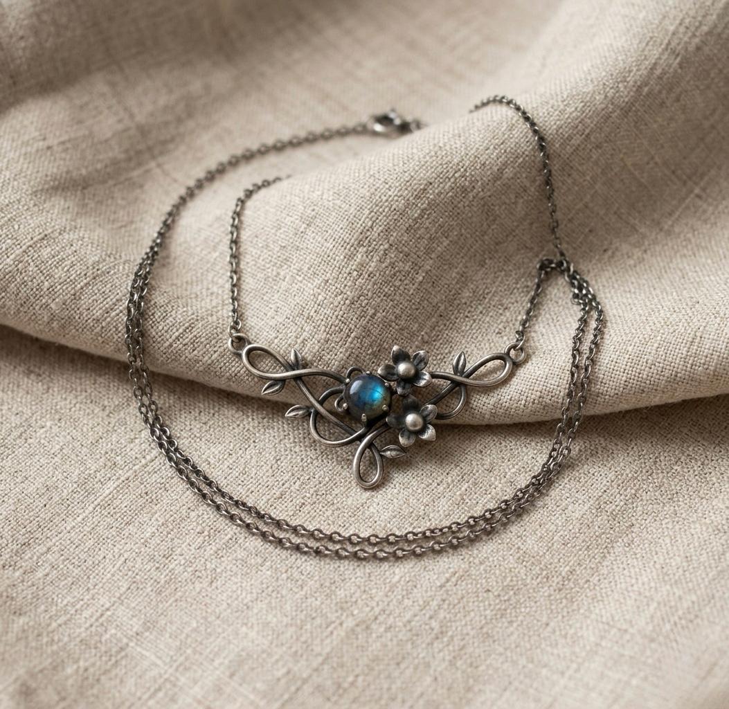 Oxidized Sterling Silver Floral Labradorite Necklace, Vintage Filigree Nature Jewelry