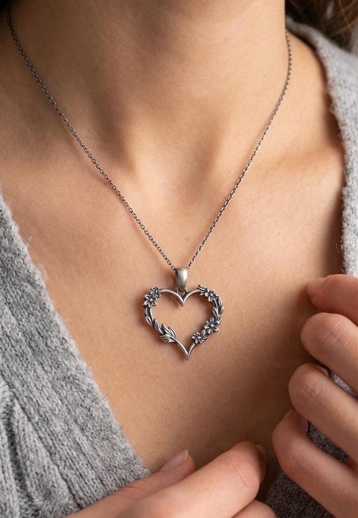 Sterling Silver Floral Heart Outline Necklace, Dainty Love Pendant, Everyday Jewelry