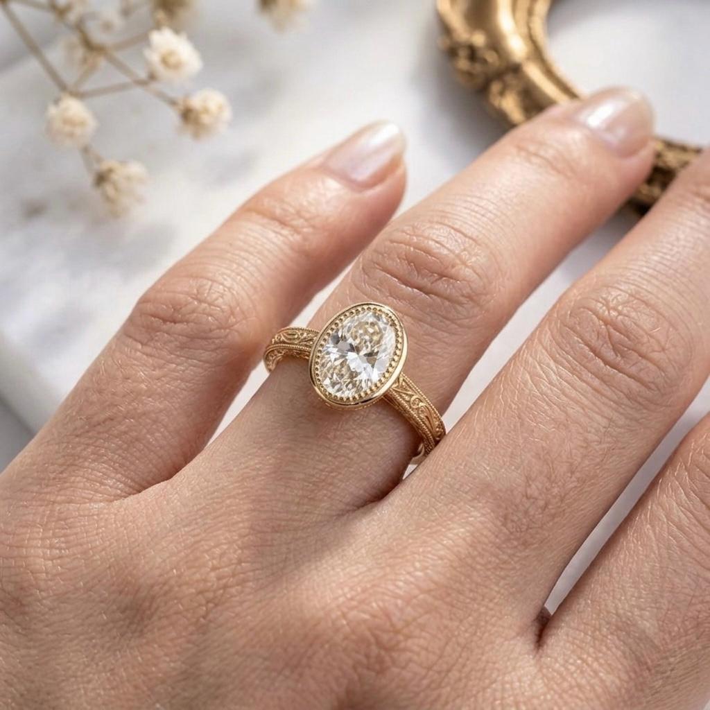 Oval Moissanite Diamond Ring, 925 Sterling Silver, Art Deco Milgrain Band