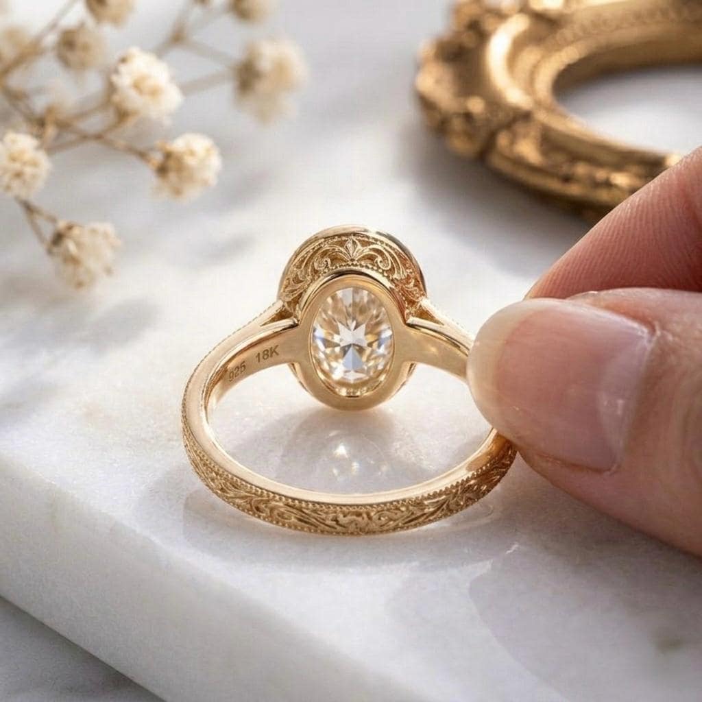 Oval Moissanite Diamond Ring, 925 Sterling Silver, Art Deco Milgrain Band