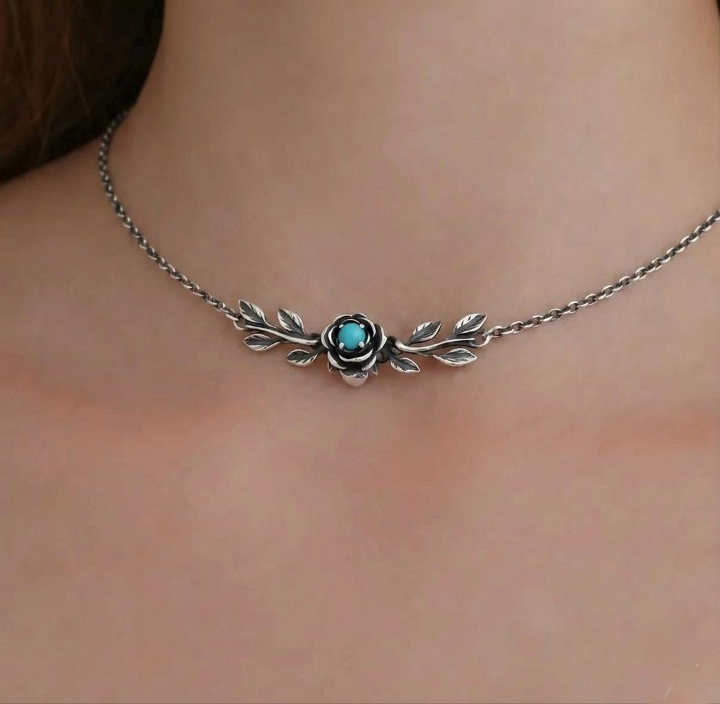 Sterling Silver Rose Turquoise Choker, Oxidized Botanical Leaf Pendant Necklace