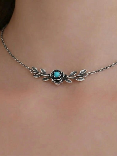 Sterling Silver Rose Turquoise Choker, Oxidized Botanical Leaf Pendant Necklace