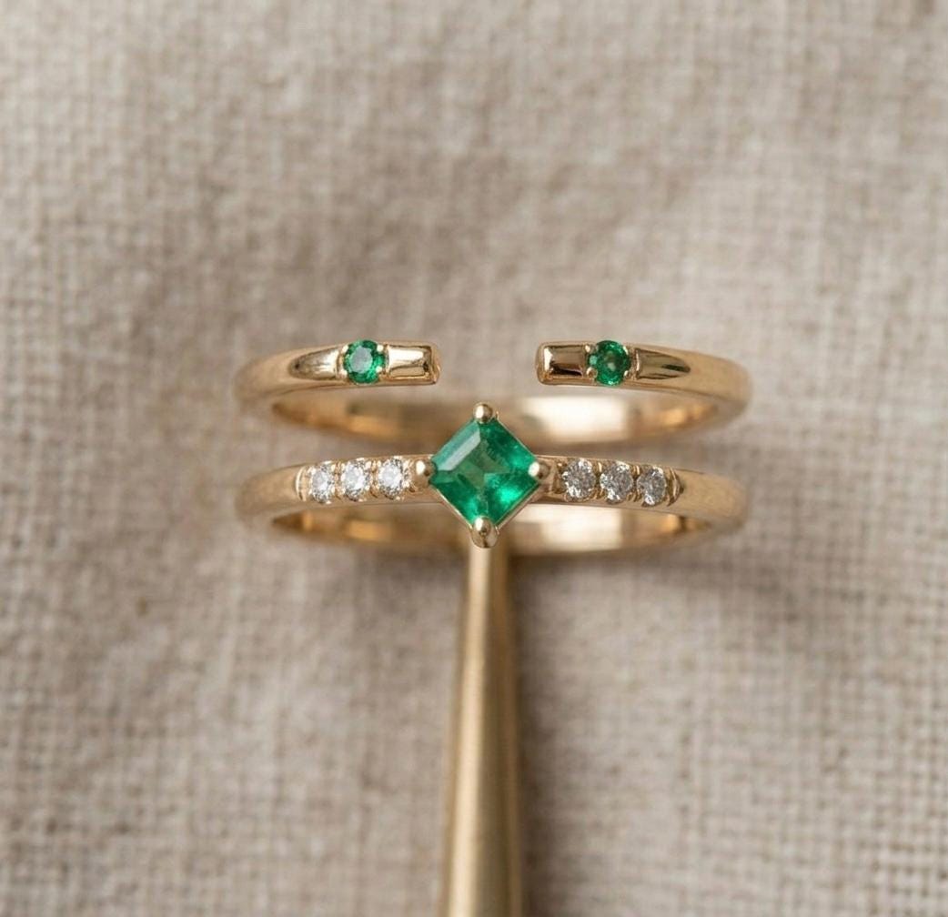 Emerald Diamond Ring Set, 14K Gold Minimalist Bridal Stackable May Birthstone