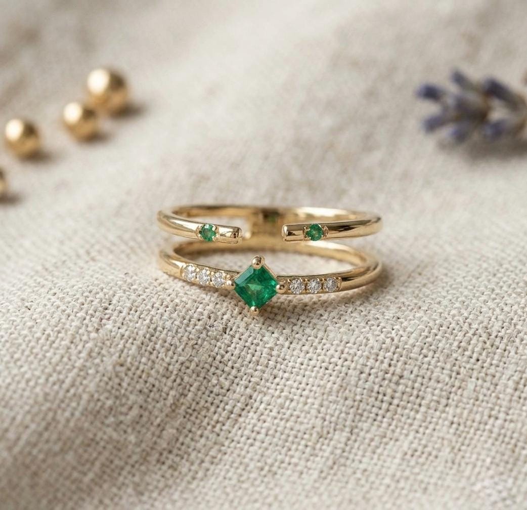 Emerald Diamond Ring Set, 14K Gold Minimalist Bridal Stackable May Birthstone