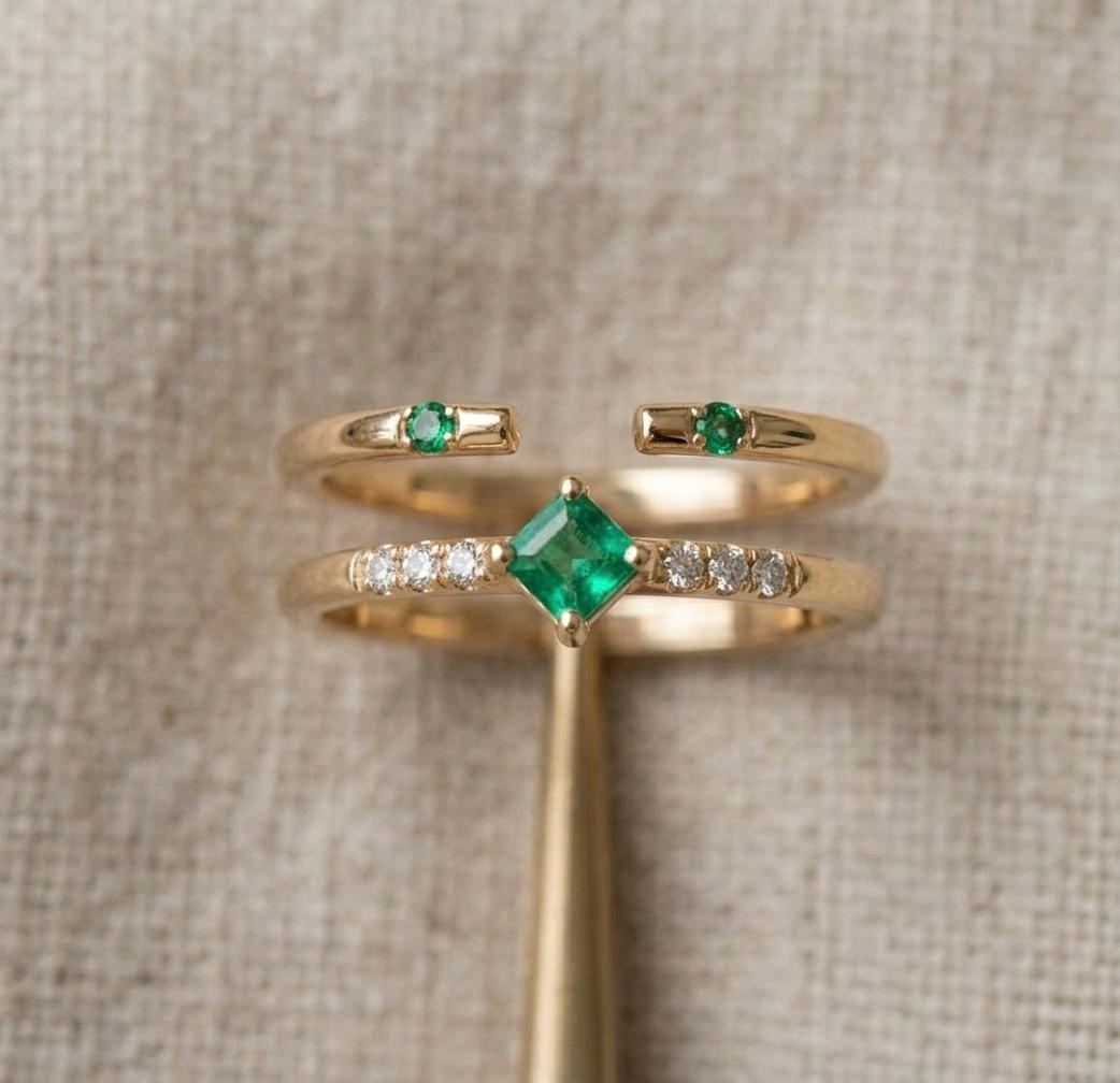 Emerald Diamond Ring Set, 14K Gold Minimalist Bridal Stackable May Birthstone